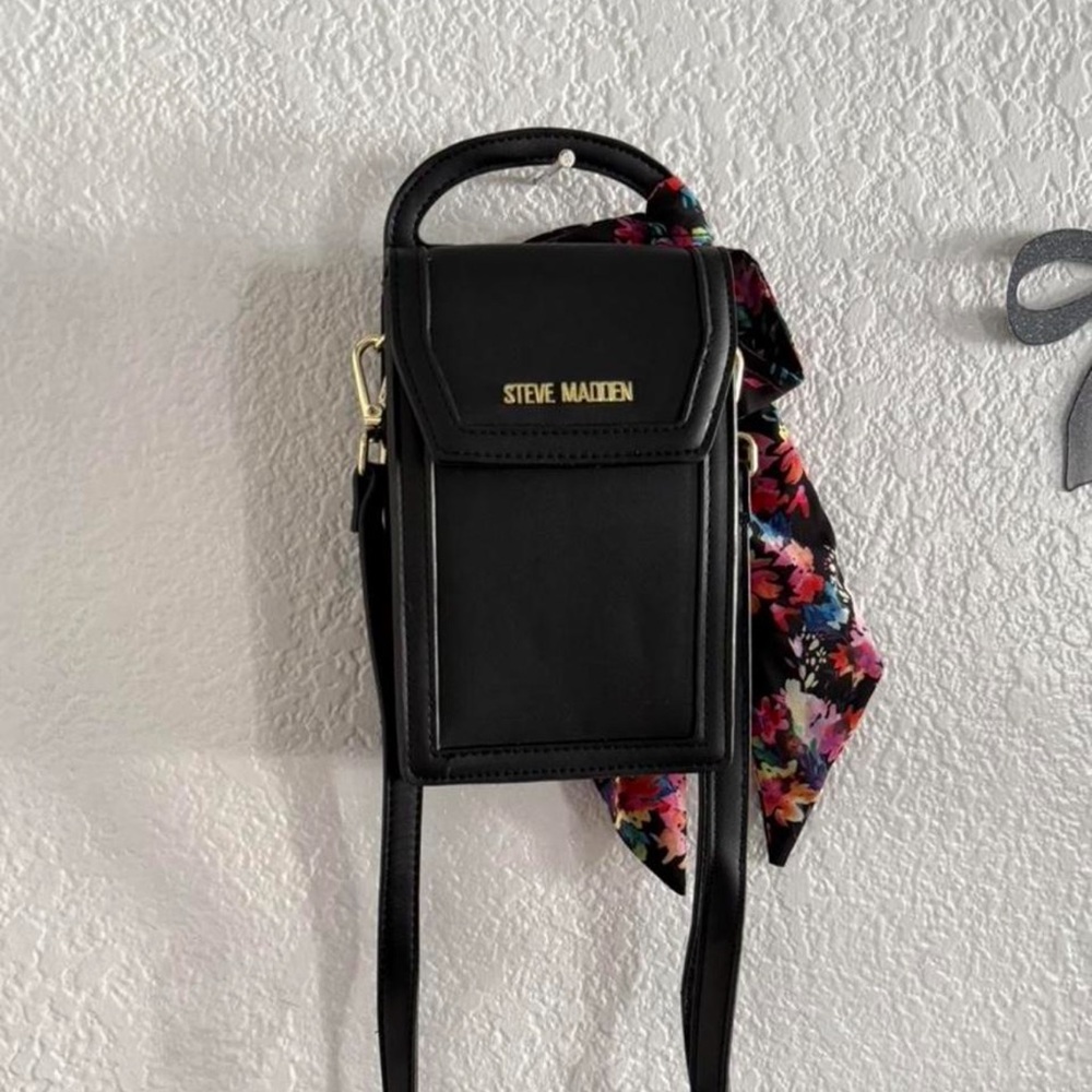 Steve Madden Black Crossbody Bag with Floral Scarf Accent